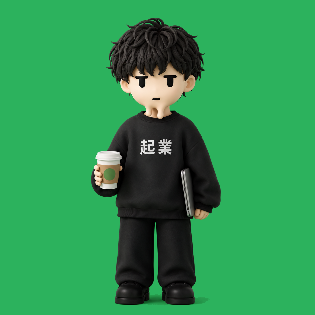 なりわいさん（起業と書かれた黒いスウェットを着たキャラクター）